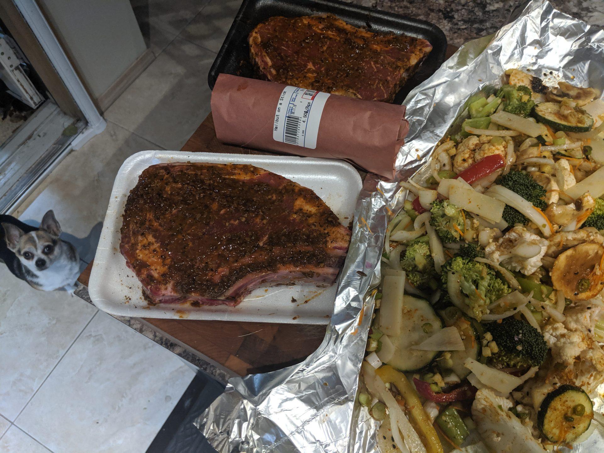 Ribeye, Halibut Kebabs & Stirfry meal »